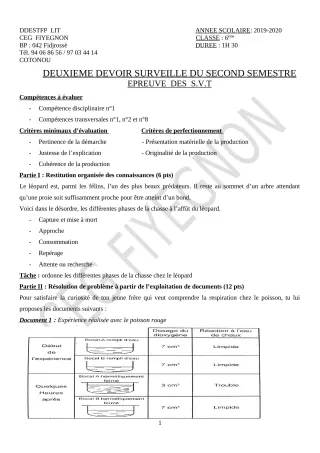 Première page de SVT 6e — 2e devoir surveillé, 2e semestre (2019-2020) · CEG FIYEGNON