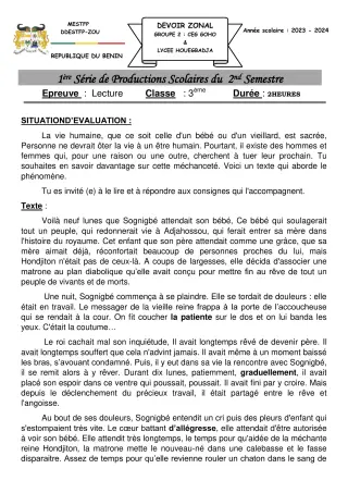 Première page de Français 3e — 1re production scolaire, 2e semestre (2023-2024) · CEG GOHO