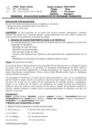 Première page de Espagnol 4e, 3e, 2nde A2, 2nde B, 1ère A2, 1ère B, Tle A2, Tle B — Évaluation sommative (2023-2024) · CPEG SAINT Justin