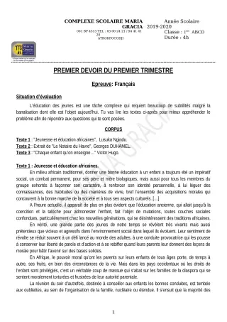 Première page de Français 1ère A — 1er devoir surveillé, 1er trimestre (2019-2020) · CPEG MARIA GRACIA