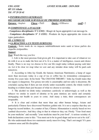Première page de Anglais Tle D — 2e devoir surveillé, 1er semestre (2019-2020) · CEG AYOU