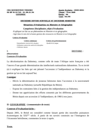Première page de Histoire-Géographie Tle A1, Tle A2, Tle B — 2e devoir surveillé, 2e semestre (2020-2021) · CEG Kouhounou-Vêdoko