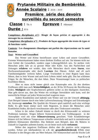 Première page de Allemand Tle A — 1er devoir surveillé, 2e semestre (2018-2019) · PMB