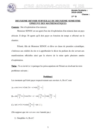 Première page de Mathématiques 1ère D — 2e devoir surveillé, 2e semestre (2019-2020) · CEG ADJOVICODJI 'LES OLIVIERS'