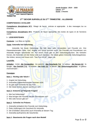 Première page de Allemand 4e ML — 2e devoir surveillé, 2e trimestre (2019-2020) · CPEG LE PHARAON