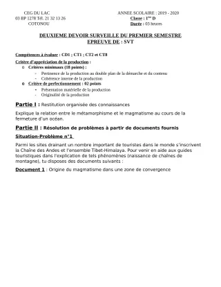 Première page de SVT 1ère D — 2e devoir surveillé, 1er semestre (2019-2020) · CEG du Lac
