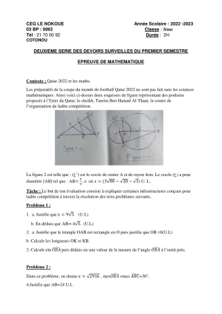 Première page de Mathématiques 3e — 2e devoir surveillé, 1er semestre (2022-2023) · CEG LE NOKOUE