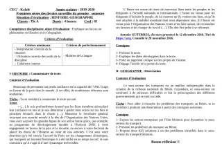 Première page de Histoire-Géographie Tle A2 — Devoir surveillé, 1er semestre (2019-2020) · CEG1 Kalalé