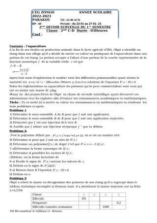 Première page de Mathématiques 2nde C, 2nde D — 2e devoir surveillé, 1er semestre (2022-2023) · CEG ZONGO