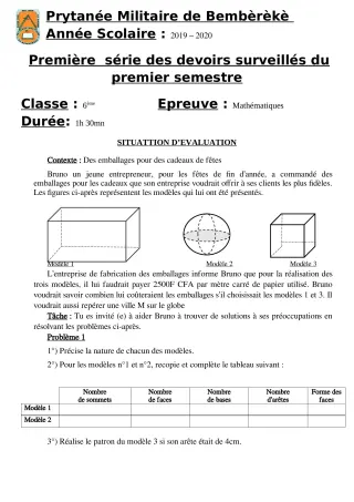 Première page de Mathématiques 6e — 1er devoir surveillé, 1er semestre (2019-2020) · PMB