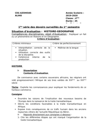 Première page de Histoire-Géographie 4e ML — 1er devoir surveillé, 1er semestre (2019-2020) · CEG AZOHOUE-ALIHO