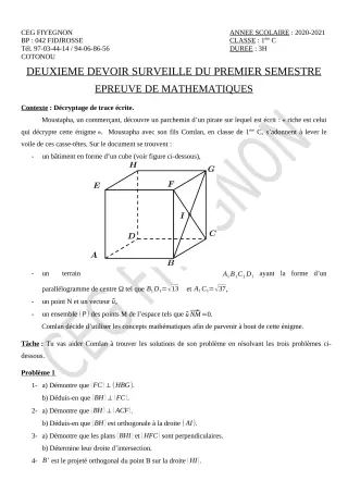 Première page de Mathématiques 1ère C — 2e devoir surveillé, 1er semestre (2020-2021) · CEG FIYEGNON