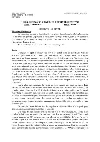 Première page de Français 3e, 3e ML — 1er devoir surveillé, 1er semestre (2021-2022) · CEG LE NOKOUE