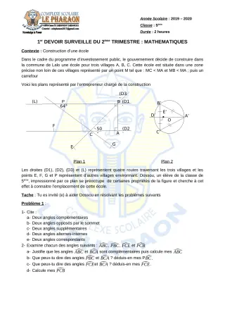 Première page de Mathématiques 5e — 1er devoir surveillé, 2e trimestre (2019-2020) · CPEG LE PHARAON