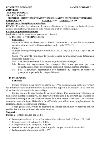 Première page de PCT 4e, 4e ML — Évaluation sommative, 1er trimestre (2019-2020) · CPEG ENFANT PRODIGE