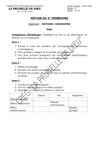 Première page de Histoire-Géographie 5e — Devoir surveillé, 2e trimestre (2019-2020) · CEPG La Prunelle de Dieu