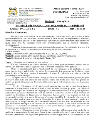 Première page de Français 1ère A, 1ère C, 1ère D — 2e production scolaire, 1er semestre (2023-2024) · CEG1 Ikpinlè
