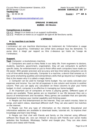 Première page de Anglais 1ère C, 1ère D — 1er devoir surveillé, 1er trimestre (2020-2021) · CPEG LICA