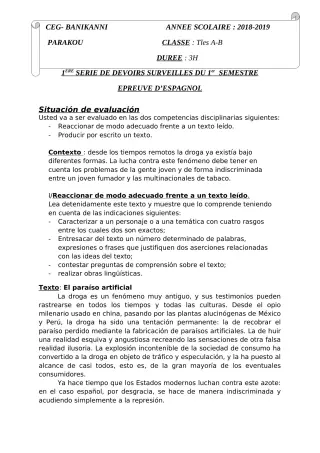Première page de Espagnol Tle A1, Tle A2, Tle B — 1er devoir surveillé, 1er semestre (2018-2019) · CEG Banikanni