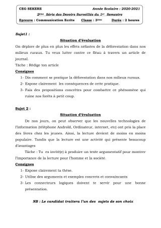 Première page de Français 3e, 3e ML — 2e devoir surveillé, 1er semestre (2020-2021) · CEG SEKERE