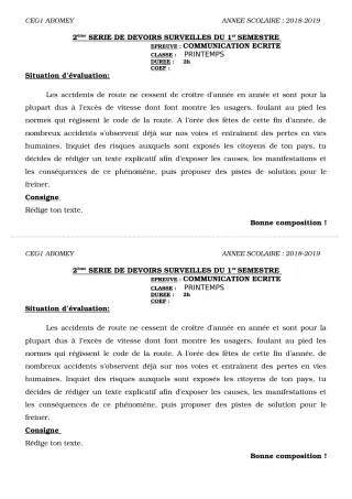 Première page de Français 6e, 5e, 4e, 4e ML, 3e, 3e ML, 2nde A & B, 2nde D, 1ère A, 1ère A & B, 1ère D, Tle A, Tle B, Tle D — 2e devoir surveillé, 1er semestre (2018-2019) · CEG1 Abomey