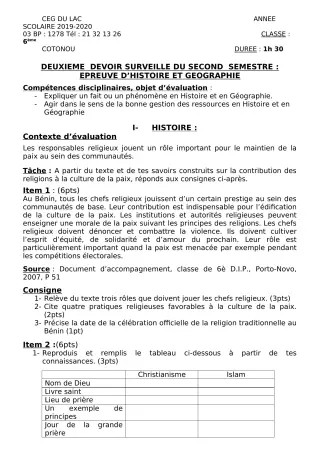 Première page de Histoire-Géographie 6e — 2e devoir surveillé, 2e semestre (2019-2020) · CEG du Lac