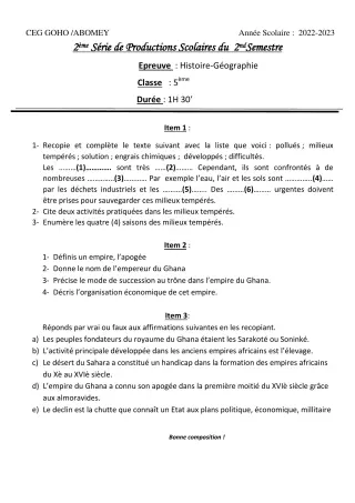 Première page de Histoire-Géographie 5e — 2e production scolaire (2022-2023) · CEG GOHO