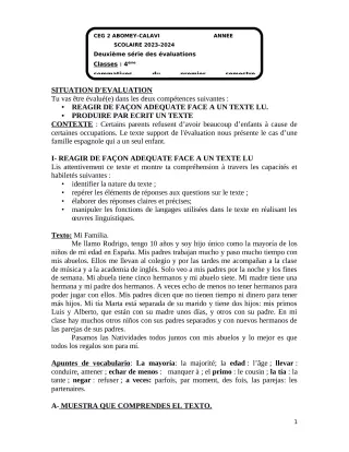 Première page de Espagnol 4e — 2e évaluation sommative, 1er semestre (2023-2024) · CEG2 ABOMEY - CALAVI (CEG ZOCA)