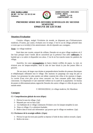 Première page de Français 6e, 5e, 4e, 3e, 3e ML, 2nde A2, 2nde B, 2nde C, 2nde D, 1ère A, 1ère B, 1ère C, 1ère D, Tle A1, Tle A2, Tle B, Tle C, Tle D — 1er devoir surveillé, 2e semestre (2020-2021) · CEG SURU-LERE