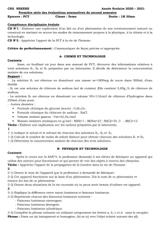 Première page de PCT 5e — 1re évaluation sommative, 2e semestre (2020-2021) · CEG SEKERE