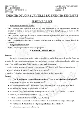 Première page de PCT Tle D — 1er devoir surveillé, 1er semestre (2020-2021) · CEG FIYEGNON