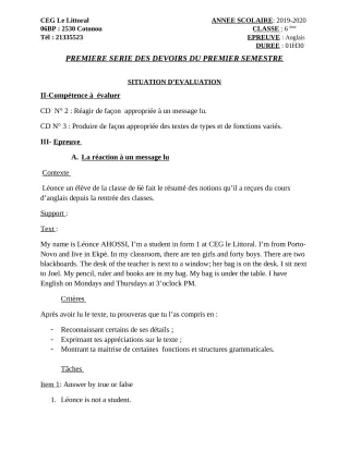 Première page de Anglais 6e — 1er devoir surveillé, 1er semestre (2019-2020) · CEG Le Littoral