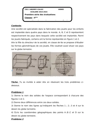 Première page de Mathématiques 6e — 1re évaluation sommative, 1er semestre (2023-2024) · CEG2 ABOMEY - CALAVI (CEG ZOCA)