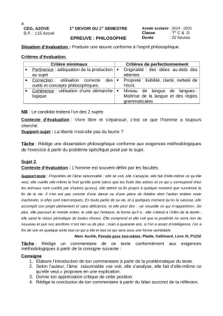Première page de Philosophie 2nde A, 2nde B, 2nde C, 2nde D, 1ère A, 1ère A1, 1ère A2, 1ère B, 1ère C, 1ère D, Tle A1, Tle A2, Tle B, Tle C, Tle D — 1er devoir surveillé, 1er semestre (2019-2020) · CEG1 AZOVE