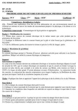 Première page de PCT 5e — 1er devoir surveillé, 1er semestre (2022-2023) · CEG Sèdjè-Houègoudo