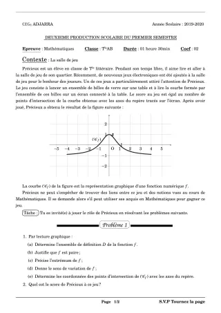 Première page de Mathématiques Tle A & B — 2e production scolaire, 1er semestre (2019-2020) · CEG1 Adjarra