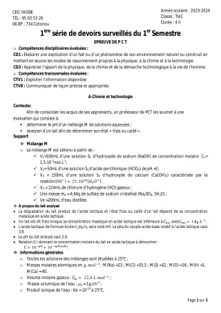 Première page de PCT Tle C — 1er devoir surveillé, 1er semestre (2023-2024) · CEG Yagbe