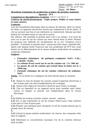 Première page de PCT 2nde A2, 2nde D — 2e production scolaire, 1er semestre (2018-2019) · CEG Takon