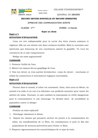 Première page de Français 3e, 3e ML — 2e devoir surveillé, 2e semestre (2020-2021) · CEG SEKERE