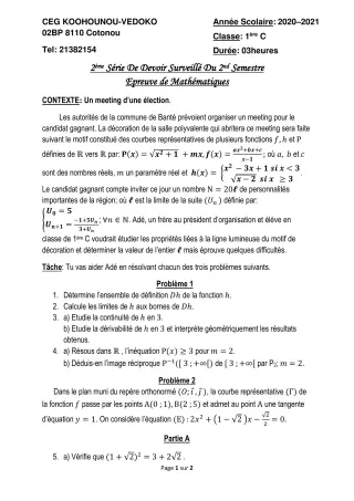 Première page de Mathématiques 1ère C — 2e devoir surveillé, 2e semestre (2020-2021) · CEG Kouhounou-Vêdoko