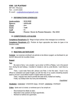 Première page de Anglais 5e — 1er devoir surveillé, 1er semestre (2019-2020) · CEG Le Plateau