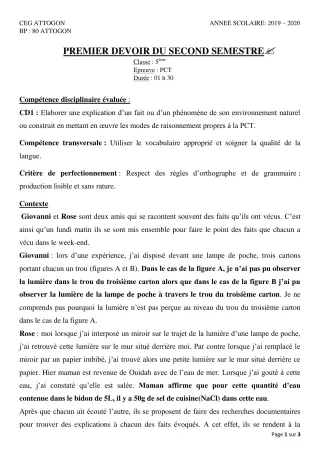 Première page de PCT 5e — 1er devoir surveillé, 2e semestre (2019-2020) · CEG Attogon
