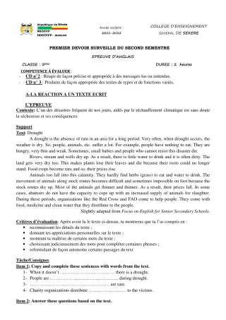 Première page de Anglais 3e — 1er devoir surveillé, 2e semestre (2021-2022) · CEG SEKERE