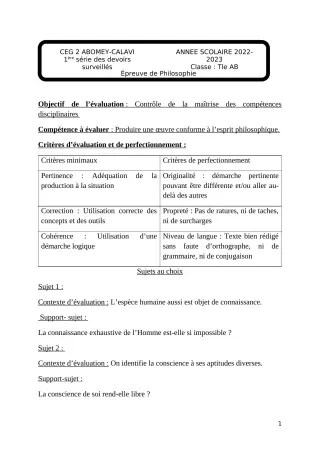 Première page de Philosophie Tle B — 1er devoir surveillé, 1er semestre (2022-2023) · CEG2 ABOMEY - CALAVI (CEG ZOCA)