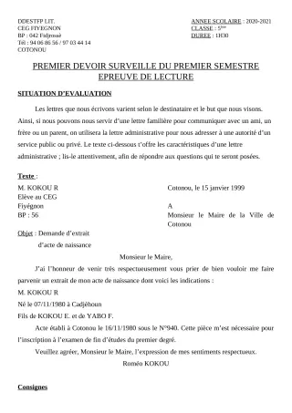 Première page de Français 5e — 1er devoir surveillé, 1er semestre (2020-2021) · CEG FIYEGNON