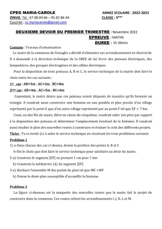 Première page de Mathématiques 5e — 2e devoir surveillé, 1er trimestre (2022-2023) · CPEG MARIA-CAROLE