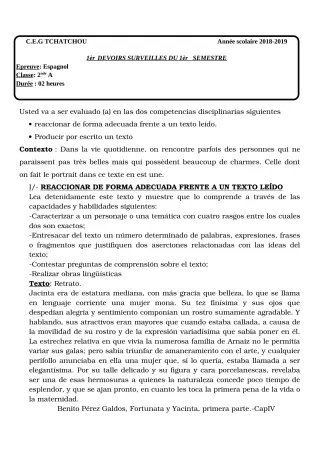 Première page de Espagnol 2nde A, 2nde B — 1er devoir surveillé, 1er semestre (2018-2019) · CEG Tchatchou
