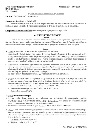 Première page de PCT 1ère D — Devoir surveillé, 2e semestre (2018-2019) · Lycée Houegbadja d'Abomey (Ex Mafory Bangoura)