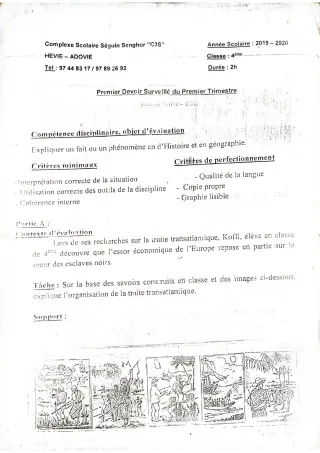 Première page de Histoire-Géographie 4e, 4e ML — 1er devoir surveillé, 1er trimestre (2019-2020) · CPEG SEGUIN SENGHOR