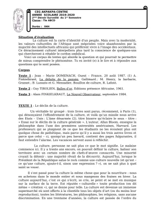 Première page de Français Tle A1, Tle A2, Tle B, Tle C, Tle D — 2e devoir surveillé, 1er semestre (2019-2020) · CEG 1 Akpakpa-Centre
